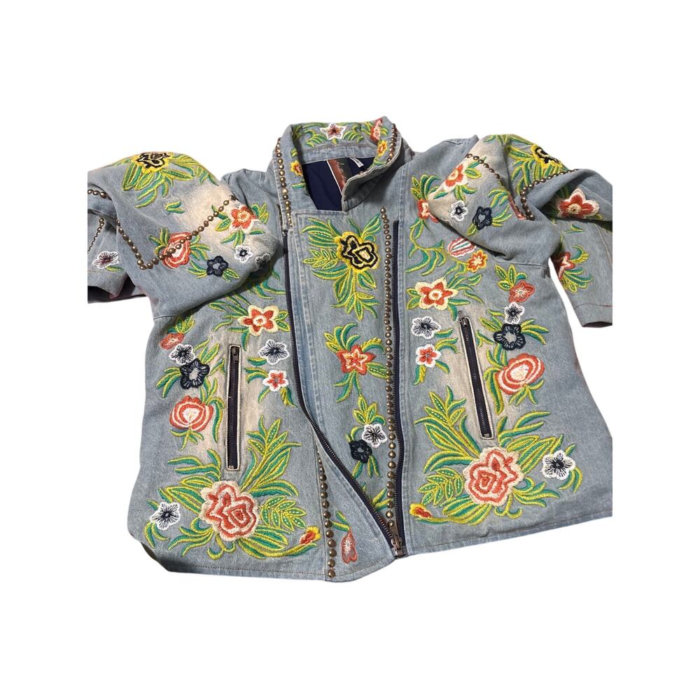 Aratta Silent Journey Lucinda Embroidered Denim Moto Jacket Large Boho Floral